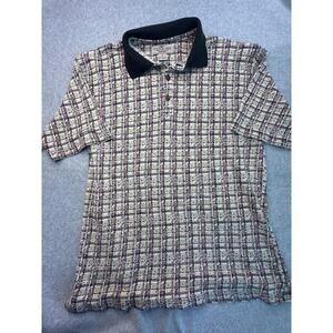Vintage Cotton Mill Plaid Abstract Knit Polo Shirt Mens Medium 100% Cotton